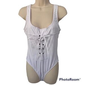 White one piece bathing suit with corset like tie up front, XL, minor marks